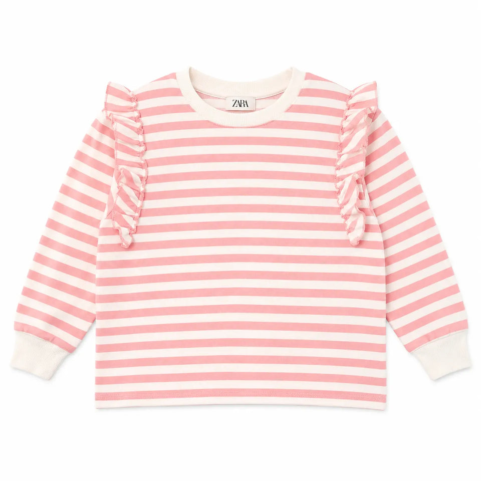 Zara Girl's White Striped In Pink With Distinctive RuffleDetails Sweatshirt| Zara in Lebanon