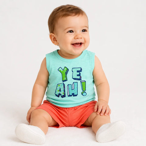 Charanga Baby Boy's Aqua/Coral "Yeah" T-Shirt & Short Set | Charanga In Lebanon