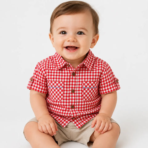 Charanga Baby Boy's Red & White Gingham Short-Sleeve Button-Up Shirt|Charanga In Lebanon