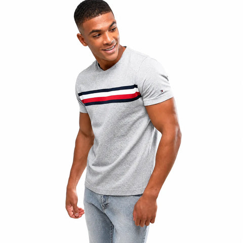 Man wearing a gray t-shirt with a colorful stripe on a white background