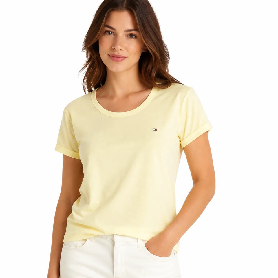 Tommy Hilfiger Women's Light Yellow Cuffed Sleeves T-Shirt | Tommy Hilfiger in Lebanon