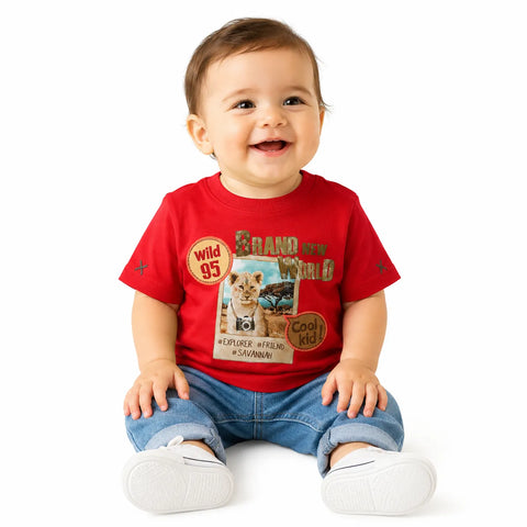 Charanga Baby Boy's Red Graphic Safari Lion Design T-Shirt|Charanga In Lebanon