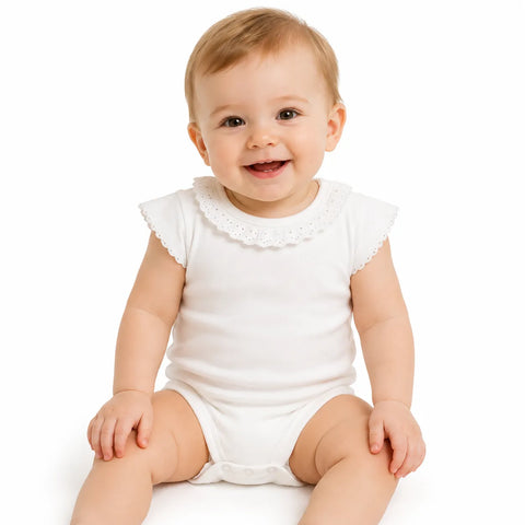 Charanga Baby Girl's White Lace-Trimmed Short-Sleeve Baby Bodysuit|Charanga In Lebanon