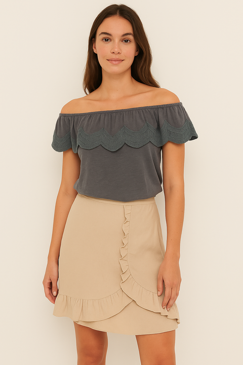 Mango Women's Gray Off Shoulder Ruffle Blouse |Mango In Lebanon