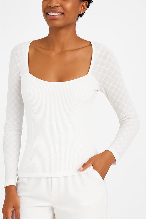 Crave Fame Women's White Flocked Illusion Mesh Knit Blouse | Crave Fame In Lebanon