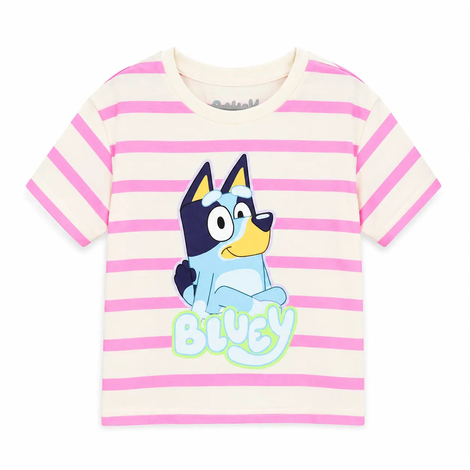 Bluey Girl's White & Pink Striped Bluey Printed T-Shirt|Bluey In Lebanon