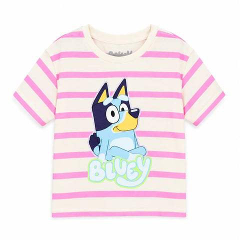 Bluey Girl's White & Pink Striped Bluey Printed T-Shirt|Bluey In Lebanon