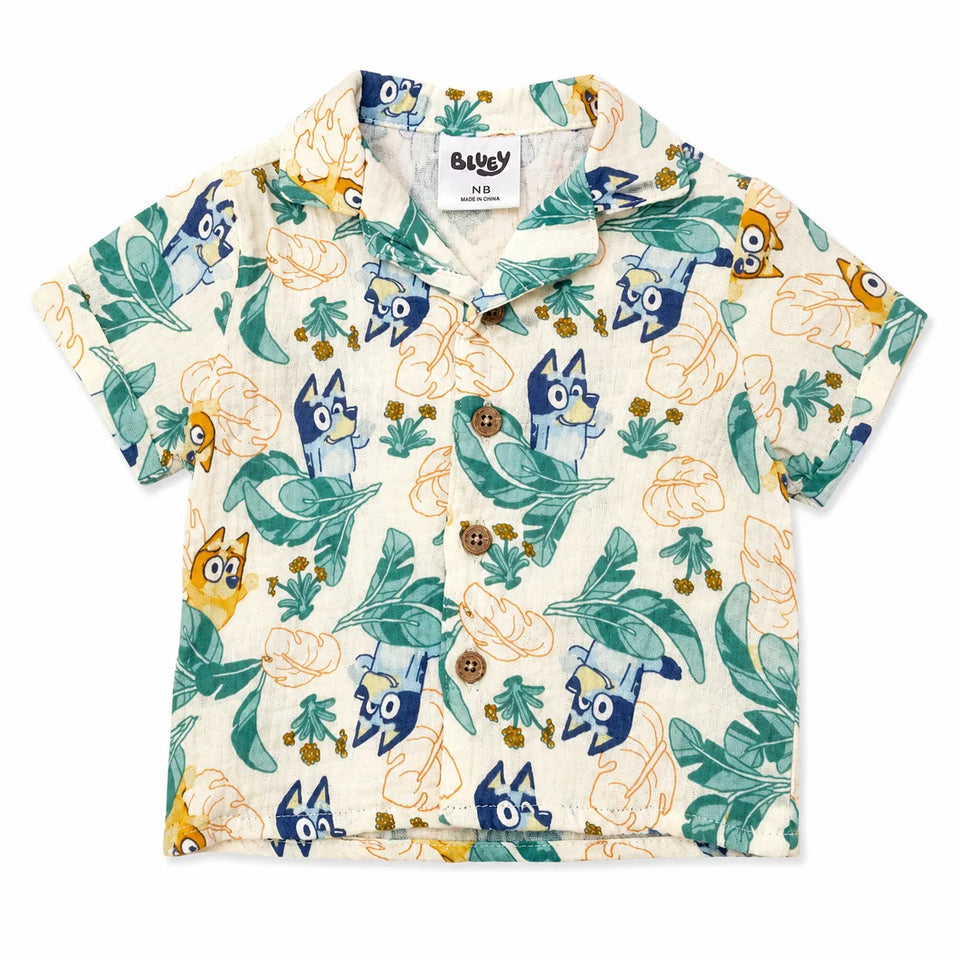Bluey Baby BoyTropical Leaves & Character Print Button-Up Short-Sleeve Shirt | Bluey in Lebanon
