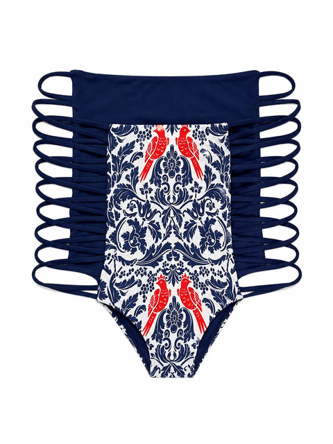 Dalai Women's Navy Blue Side Cutout And Central Panel Adorned Print Bikini Bottom | Dalai In Lebanon
