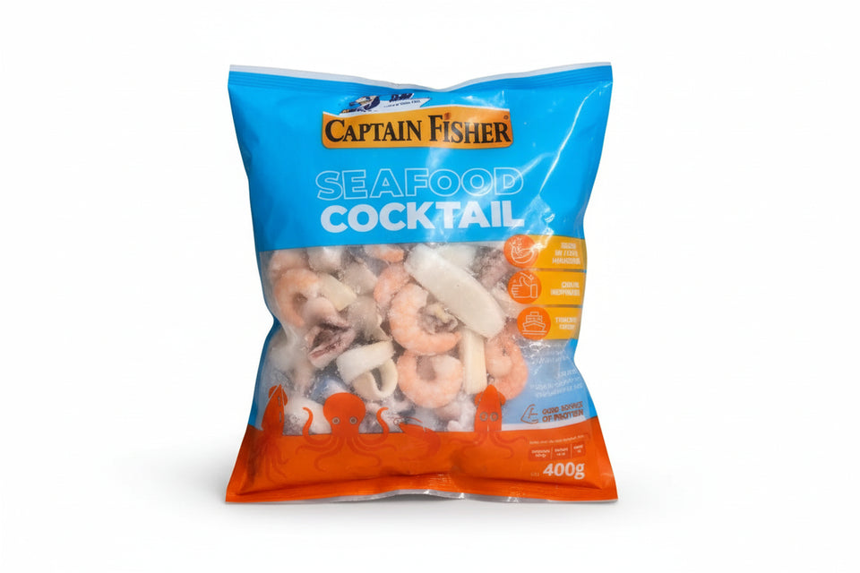 Packaged seafood cocktail with Captain Fisher branding on a white background