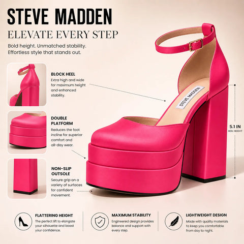 Pink high-heeled shoe with features highlighted on a beige background, featuring the brand 'Steve Madden'.