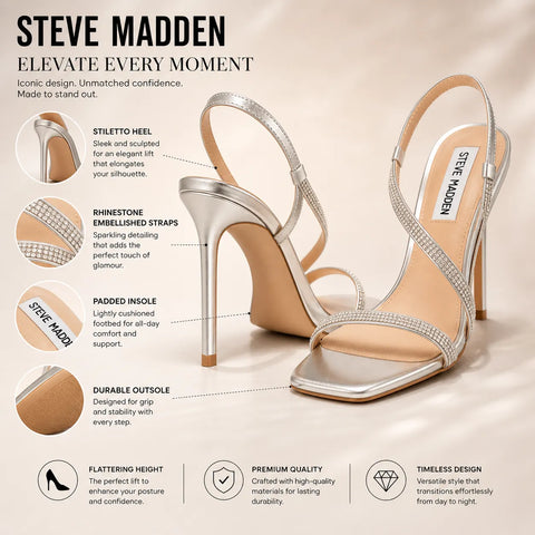 Steve Madden high-heeled shoes with feature highlights on a beige background