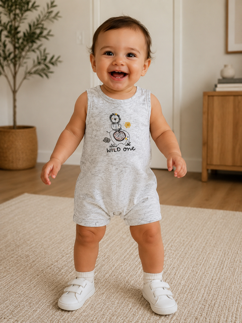 Charanga Baby Boy's Light Grey Lion Sitting On Elephant Graphic Print Romper   | Charanga in Lebanon