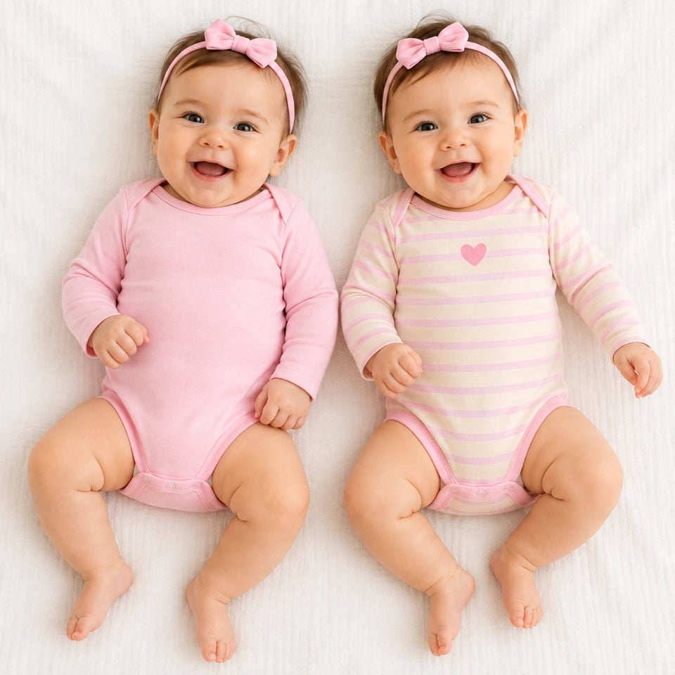 Two smiling babies lying side by side on a white textured blanket. The baby on the left wears a solid light pink long-sleeve bodysuit and a pink bow headband.