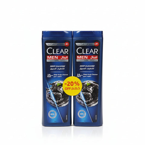 Two bottles of Clear Men Deep Cleanse shampoo with a discount label on a wooden surface.