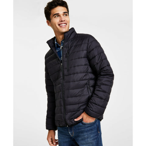 Man wearing a black puffer jacket on a white background