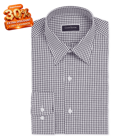 Folded black and white checkered shirt with 'Club Room' label on a white background