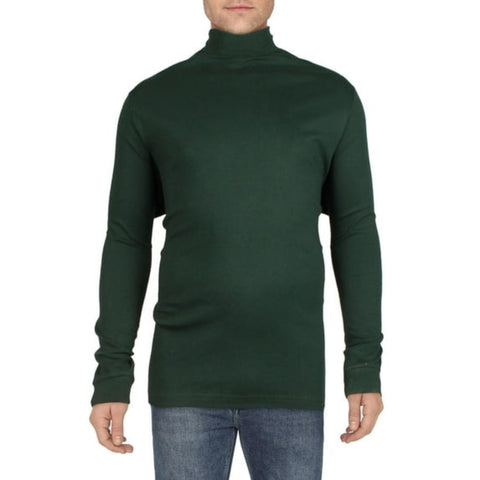 Green turtleneck sweater worn by a person on a white background