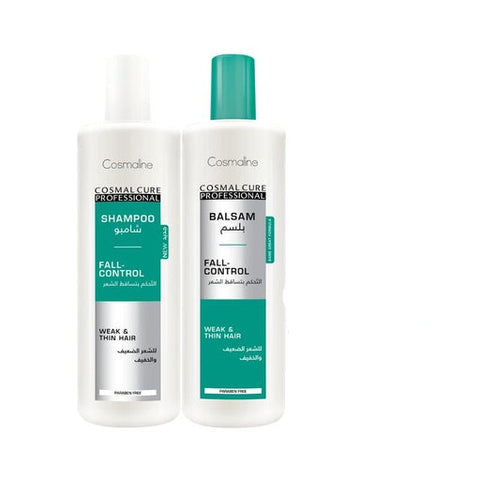 Cosmaline hair care product set including shampoo, balm, and mask on a white background
