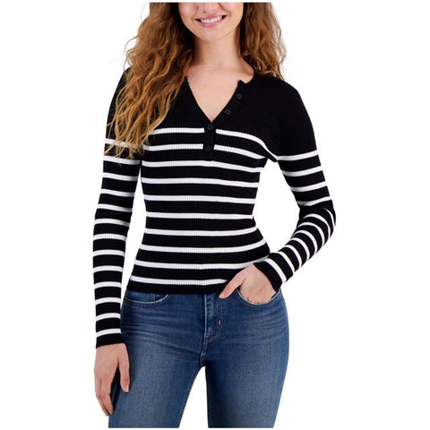 Crave Fame Women's Black Striped Ribbed Henley Blouse | Crave Fame In Lebanon