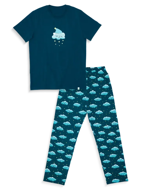 Navy blue pajama set with cloud pattern on pants and matching t-shirt on a white background