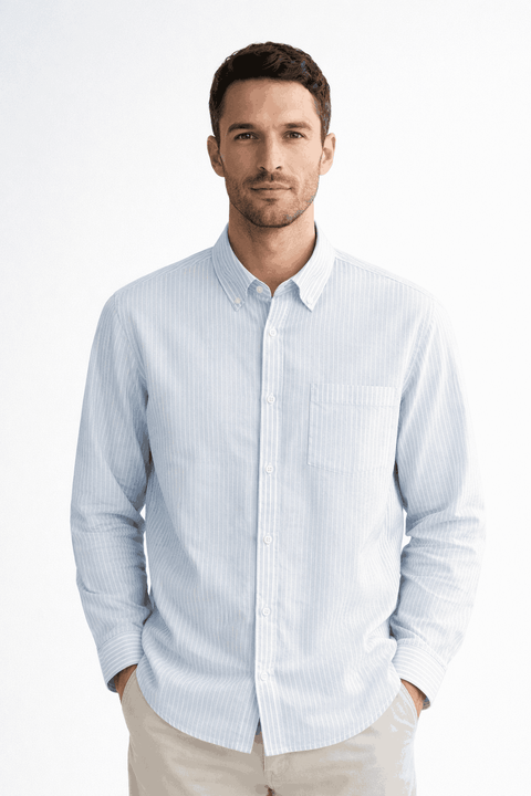 Celio Men Light Blue Striped Regular Fit Linen Casual Long Sleeve Shirt | Celio In Lebanon