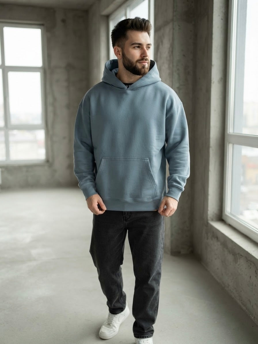 Essentials By Galaxy Men's Dusty Blue Oversized Plain Hoodie