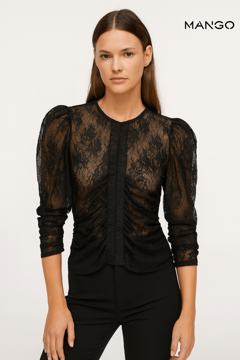 Mango Women's Black Lace Long-Sleeve Blouse| Mango in Lebanon