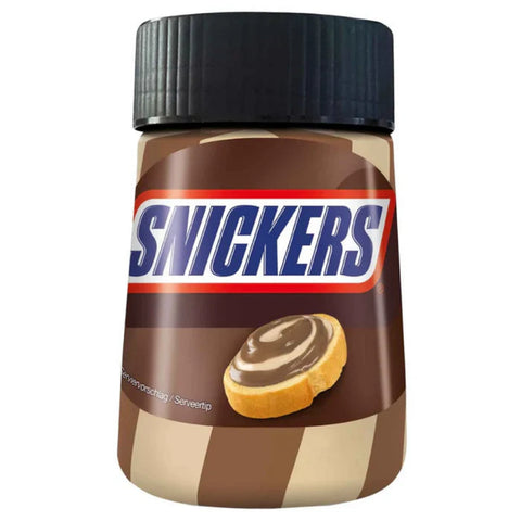 Jar of Snickers chocolate spread on a white background