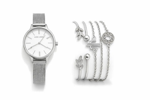 Laura Ashley Women's Sliver Tone 4 Pcs Bracelet Set With Watch | Laura Ashley In Lebanon