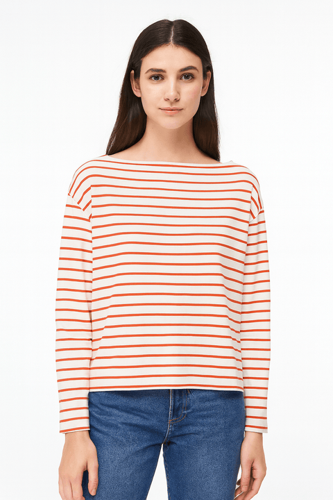Mango Women's White/Coral Striped Long-Sleeveless Blouse| Mango in Lebanon