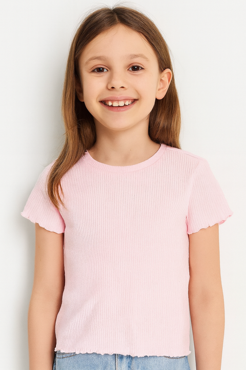 Reserved Girl's Pastel Pink Ribbed Knit T-Shirt | Reserved  In Lebanon