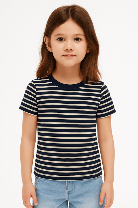 POMPdeLUX Girl's Navy Stiped Short-Sleeve T-shirt | POMPdeLUX in Lebanon