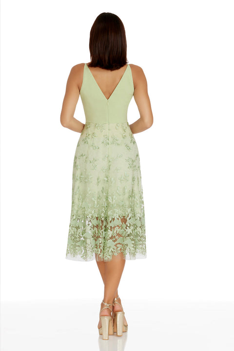 Dress the Population Women's Sage Green Plunging Darleen Neck Fit & Flare Dress | Dress the Population In Lebanon
