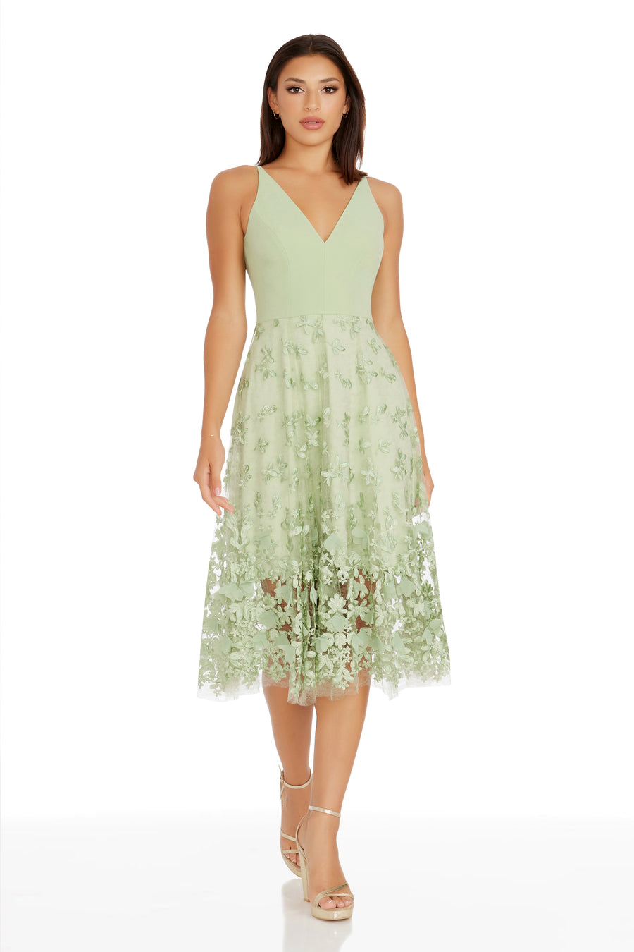 Dress the Population Women's Sage Green Plunging Darleen Neck Fit & Flare Dress | Dress the Population In Lebanon