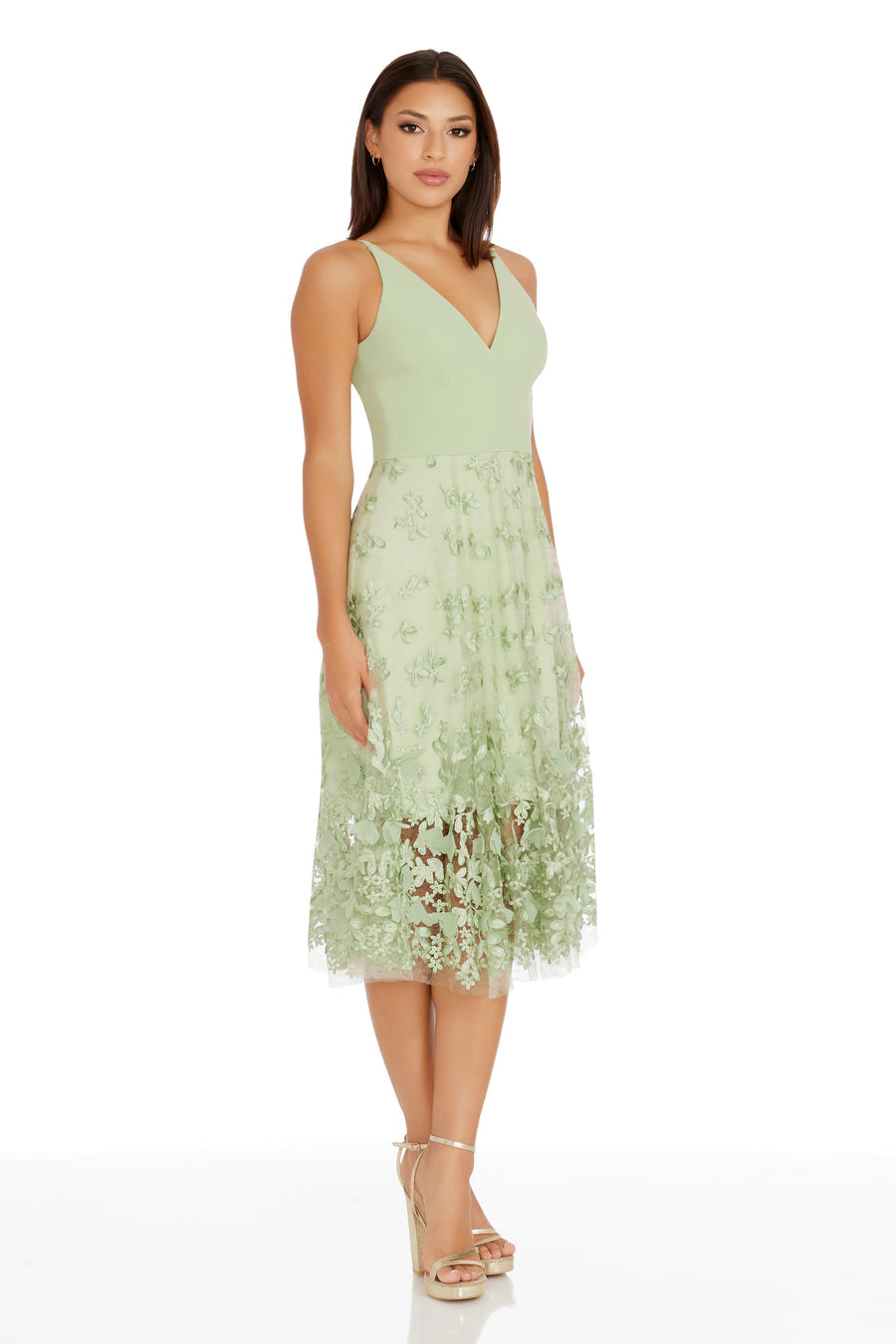 Dress the Population Women's Sage Green Plunging Darleen Neck Fit & Flare Dress | Dress the Population In Lebanon