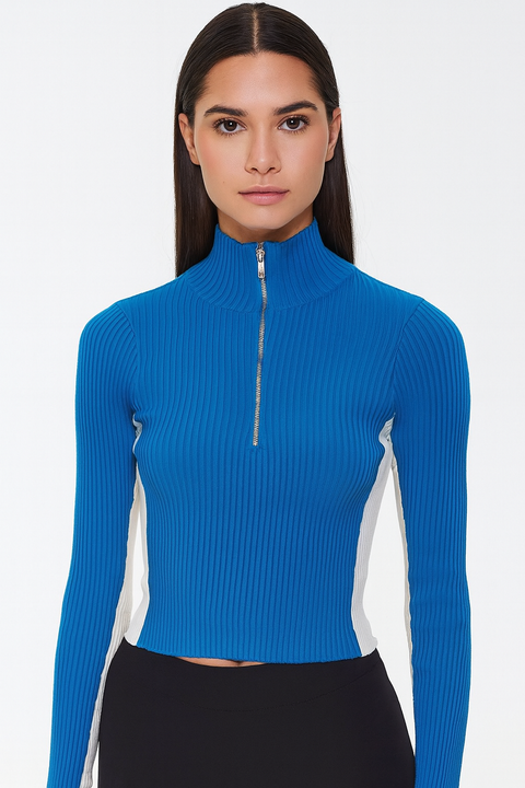 Forever 21 Women's Blue 1/4 Zip Ribbed Long Sleeve Blouse | Forever 21 In Lebanon