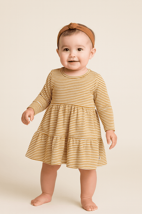 POMPdeLUX Baby Girl's Mustard Striped Dress |POMPdeLUX in Lebanon