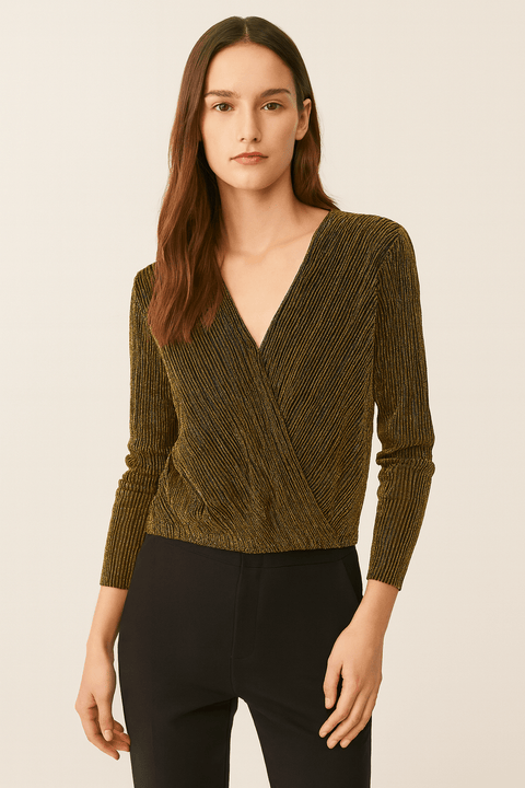 Zabaione Women's Gold Long Sleeve V-Neck Blouse |Zabaione In Lebanon