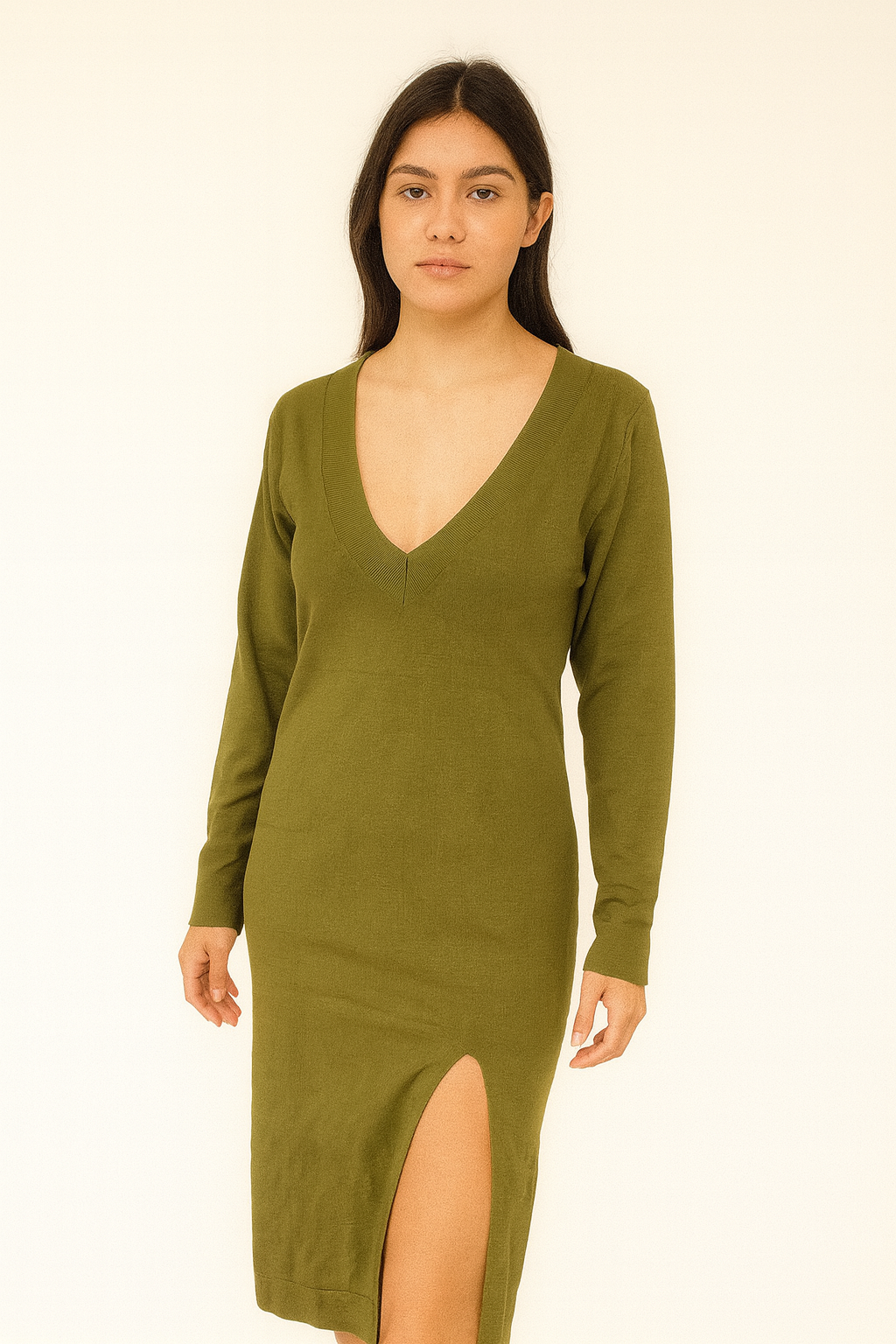 Forever 21 Women's Dark Green Ribbed Crew Neck Long Sleeve Midi Dress |Forever 21 In Lebanon