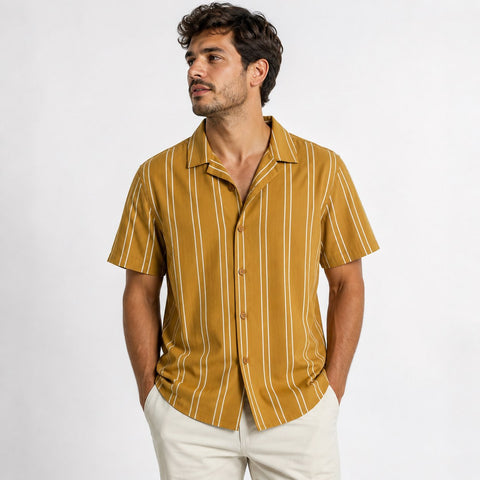 Only & Sons Men's Ochre and White Vertical Striped Short-Sleeve Shirt | Only & Sons in Lebanon
