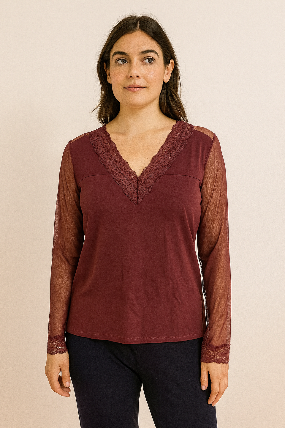 Demar Women's Maroon Lace V Neck Sleep Shirt | Demar In Lebanon