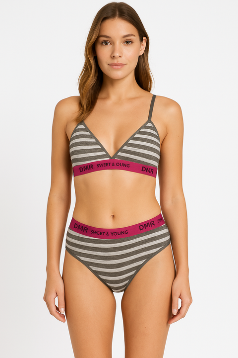 Demar Women's Washed Black & Light Blue Striped Underwear Set | Demar In Lebanon
