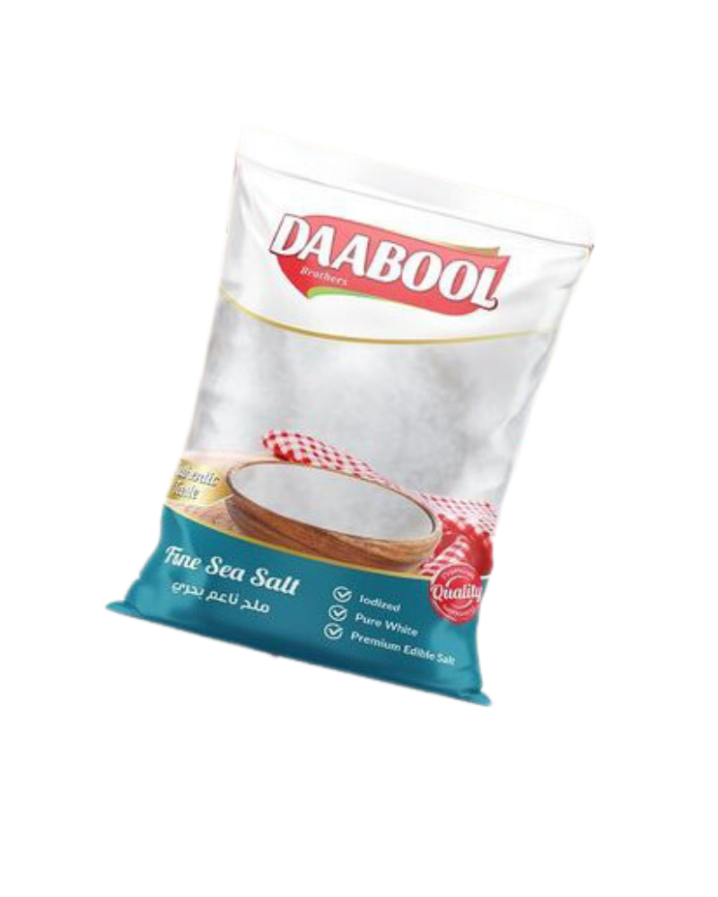 A package of Daabool Fine Sea Salt weighing 5kg, with branding and product information displayed.
