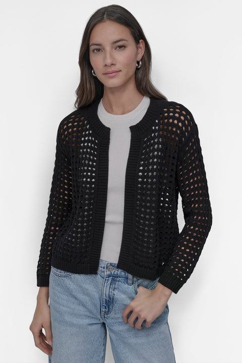 DKNY Women's Black Open Stitch Drop Shoulder Cardigan | DKNY In Lebanon