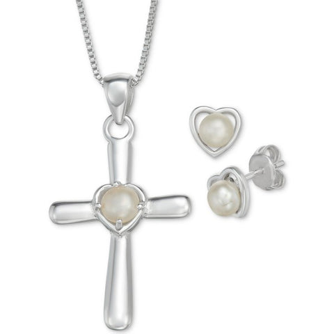 R.H Macy & Co Women's Silver Pearl Necklace & Heart Stud Earrings Set | R.H Macy & Co In Lebanon