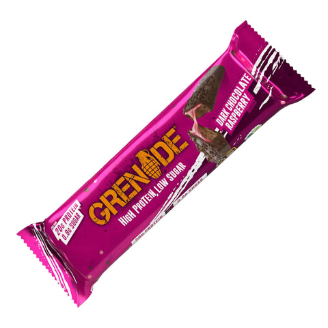 Grenade dark chocolate raspberry protein bar packaging on a white background