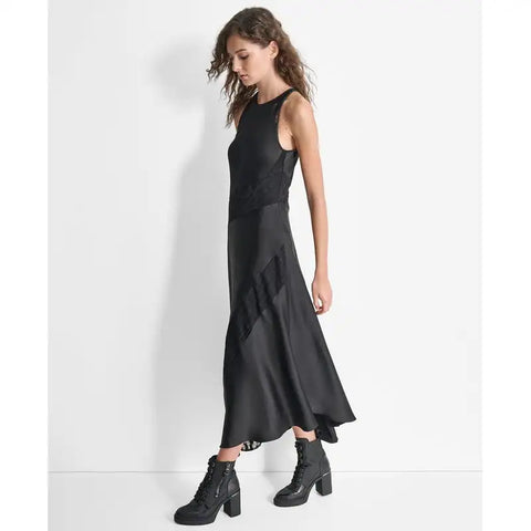 DKNY Women's Black Round Neck Asymmetrical Drapey Midi Dress | DKNY In Lebanon