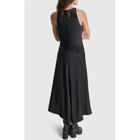 DKNY Women's Black Round Neck Asymmetrical Drapey Midi Dress | DKNY In Lebanon