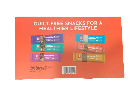 Box of snacks with 'Guilt-Free Snacks for a Healthier Lifestyle' text on an orange background.